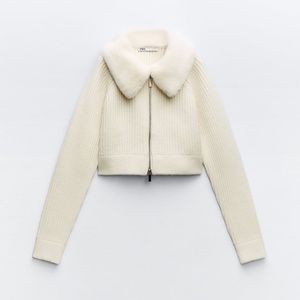 Zara - Faux Fur Lapel Collar Knit Cardigan